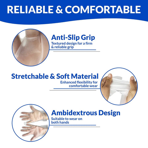 Image featuring anti-slip grip, stretchable material, and ambidextrous design of 1000 Count Medium Disposable Gloves Bulk Pack Latex Free Powder Free Hybrid Plastic Gloves For Food Handling And Hand Protection Ambidextrous Clear Durable Tear Resistant.