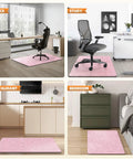 Non Slip Office Chair Mat For Hardwood Floors 48 By 36 Inches Large Pink Floor Protector Thick Heavy Duty Recyclable Gliding Desk Mat shown in various settings.