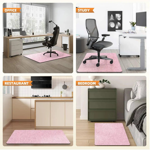 Non Slip Office Chair Mat For Hardwood Floors 48 By 36 Inches Large Pink Floor Protector Thick Heavy Duty Recyclable Gliding Desk Mat shown in various settings.