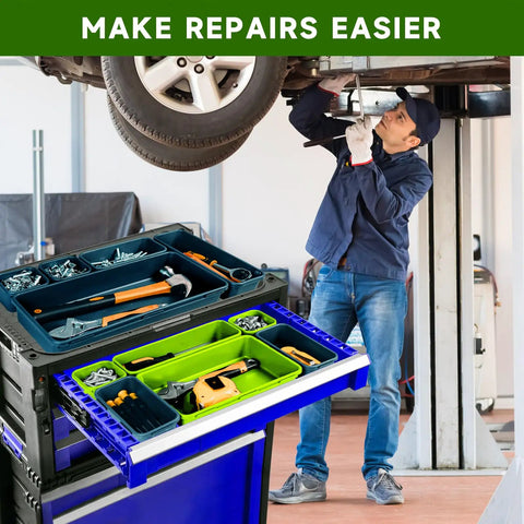 Heavy Duty Multi Size Tool Box Organizer Trays, Complete 60 Piece Drawer Sorter Kit, Blue And Green Plastic Bins, Solid Garage Workshop Storage To Keep Your Toolbox Looking Top Shelf