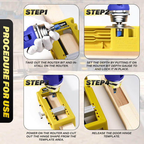 Steps showcasing Router Template Hinge Mortiser For 3 To 5 Inch Hinges No Fuss Fit, Square Or Radius Corner Styles setup.