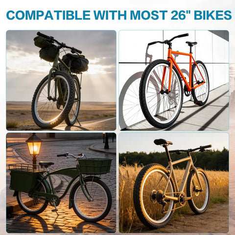 Bicycles with foldable bike tire set 16/20/24/26x1.75 inch for MTB and hybrid commuter rides, showing compatibility on four different bikes.
