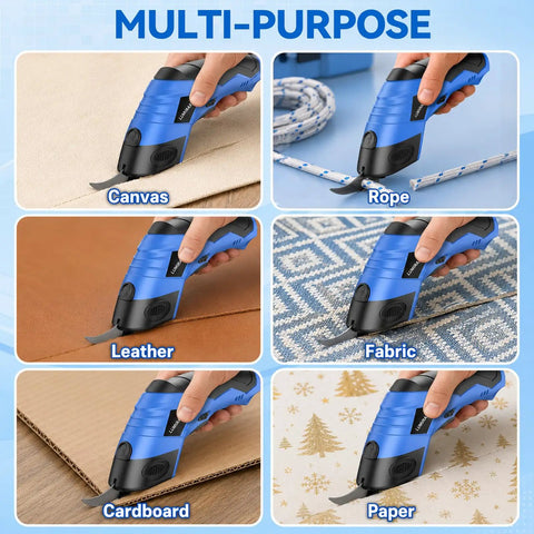 Rechargeable Electric Scissors USB Cordless Fabric Cutter For Cardboard Craft Sewing & Home Projects cutting through fabric and cardboard.