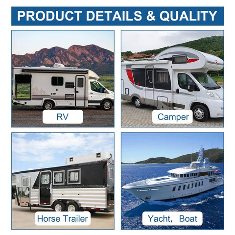 Images of RV, camper, horse trailer, and yacht showcasing uses for Low Profile Rubber Trailer Door Holder Kit For RV Camper Boat And Horse Trailer Keeps Doors Quiet And Secure With A Rugged Bumper Easy Install Weather Resistant 2 Pack.
