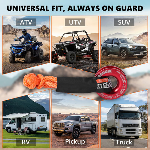 Soft Shackle Winch Recovery Ring Kit Orange Offroad Gear Half Inch By Twenty Two Inch With 60,600 Lbs Breaking Strength displayed with vehicles
