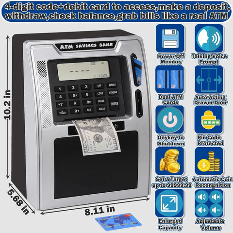 Talking ATM Piggy Bank For Kids With Dual Debit Cards, Auto Opening Drawer, Real Money Bill Feeder, Coin Recognition visible