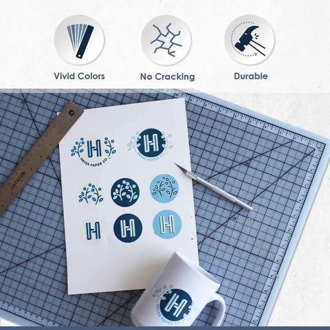 White Waterslide Decal Paper For Inkjet Printers, 20 Sheets, A4 Size 8.25 X 11.7 Inches on crafting table with design samples