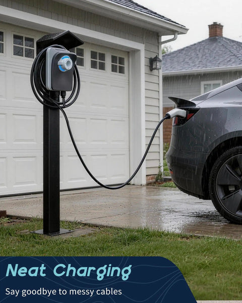 Heavy Duty Outdoor EV Charger Pedestal With Weather Shield Roof For Tesla Wall Connector And J1772 Level 2 Stations, shown in the rain.