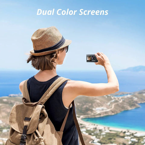 Person using Brave 4 Pro Action Camera Bundle With Waterproof Floating Grip And Accessory Kit, displaying dual color screens.