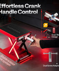 Heavy Duty 1100 Lbs Motorcycle Lift Scissor Jack With Wide Deck Height Adjustable Center Stand With Crank Steel Lift For Cruiser Dirt Bike And ATV Red, shown with crank control in garage setting.