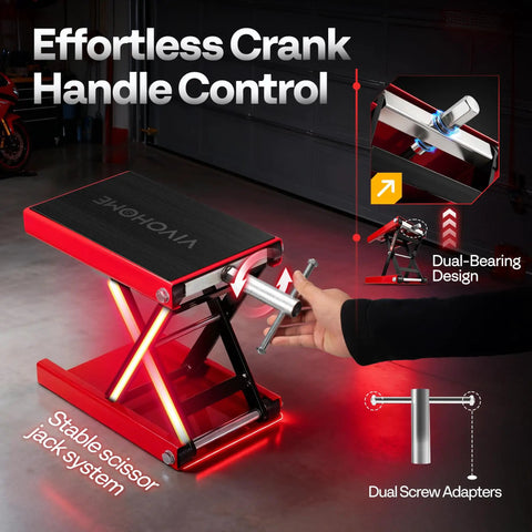 Heavy Duty 1100 Lbs Motorcycle Lift Scissor Jack With Wide Deck Height Adjustable Center Stand With Crank Steel Lift For Cruiser Dirt Bike And ATV Red, shown with crank control in garage setting.