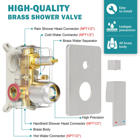 Brushed Nickel Shower System With 10 Inch Rain Showerhead, brass valve components, wall mounted, high precision connectors.