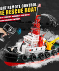RC Fire Rescue Boat With 2 4GHz Remote Water Spray Function Dual Rechargeable Batteries Powerful Aquatic Rescue Ship For Pool Or Lake Great For Ages 14 And Up shown with remote and water spray in action