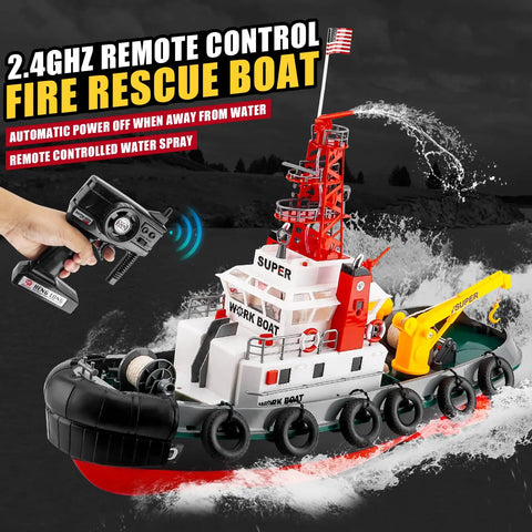 RC Fire Rescue Boat With 2 4GHz Remote Water Spray Function Dual Rechargeable Batteries Powerful Aquatic Rescue Ship For Pool Or Lake Great For Ages 14 And Up shown with remote and water spray in action