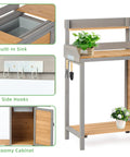Sturdy Wooden Potting Bench With Sink For Outdoor Garden Work Table With Storage Cabinet And Shelves, featuring built-in sink and hooks.