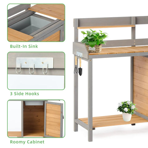 Sturdy Wooden Potting Bench With Sink For Outdoor Garden Work Table With Storage Cabinet And Shelves, featuring built-in sink and hooks.