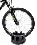 Mountain bike front wheel on a Front Wheel Riser Block For Bike Trainers With No Slip Design, 4 Tier Extender Stand.