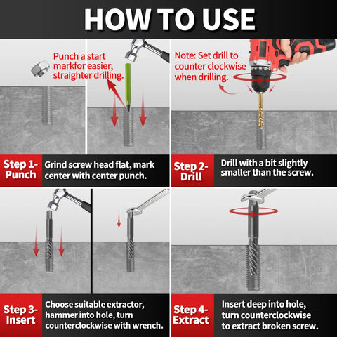 Get That Screw Out Now With This 15 Piece Stripped Screw Extractor Set Featuring Easy Out Broken Bolt Removers And Left Hand Drill Bits For Tricky Fasteners how-to steps