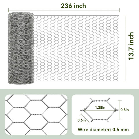 Hexagonal Chicken Wire Fencing Mesh Roll Thirteen Point Seven Inch Wide By Two Hundred Thirty Six Inch Long Heavy Duty Galvanized Garden Netting For Raised Beds Poultry Bird Fence Barrier Trellis DIY Craft