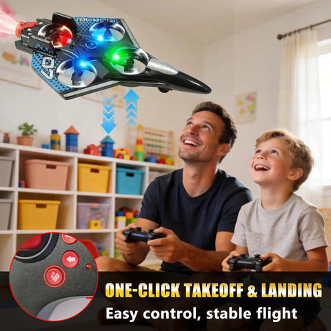 Two people playing with Remote Control RC Airplane With Spray Effect And LED Lights indoors, showcasing its easy control features