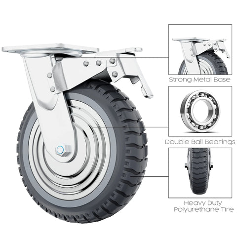 Houseables 8-inch caster wheels set of 4; heavy-duty polyurethane tires with double ball bearings on a metal base