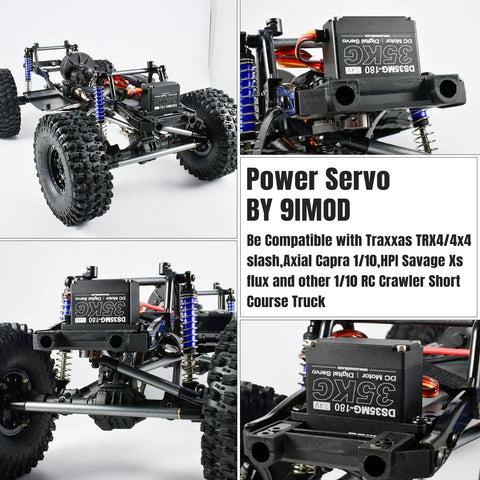 Waterproof 35Kg Beefy Torque RC Steering Servo installed on RC Crawler Truck, showing full metal gear and high speed capabilities.