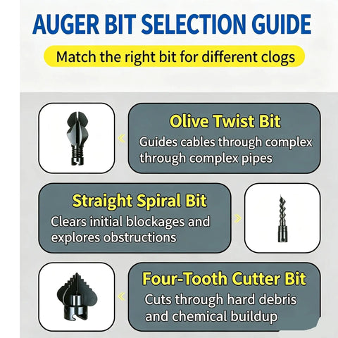 Auger Bit Selection Guide explaining Olive Twist Bit, Straight Spiral Bit, and Four-Tooth Cutter Bit for 110V Electric Drain Auger Machine.