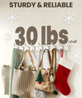 Image of a wall mounted coat rack holding various items like bags and stockings, with text stating it supports up to 30 lbs/shelf.
