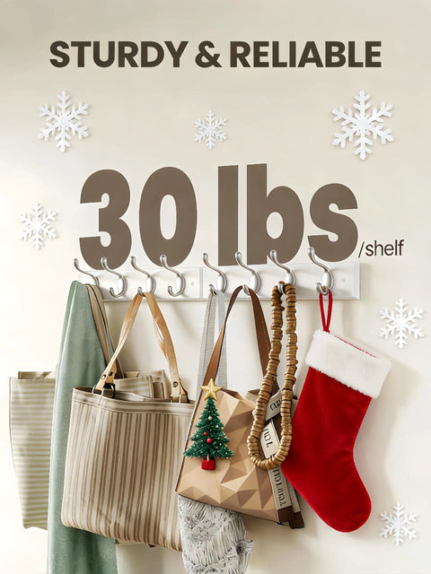 Image of a wall mounted coat rack holding various items like bags and stockings, with text stating it supports up to 30 lbs/shelf.