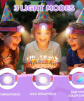 Kids wearing rechargeable LED headlamps with lit RGB color cycle adjustable headband, celebrating birthday, three light modes visible.