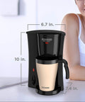 Compact Brew And Go Personal Coffee Maker With Travel Mug, Permanent Metal Filter, shown with measurements, Black And White.