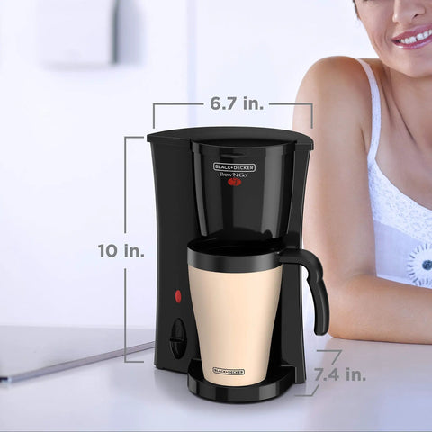 Compact Brew And Go Personal Coffee Maker With Travel Mug, Permanent Metal Filter, shown with measurements, Black And White.