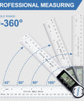 Heavy Duty Digital Angle Finder Protractor Tool With Sleek Seven Inch Body measuring angles from 0 to 360 degrees on display.