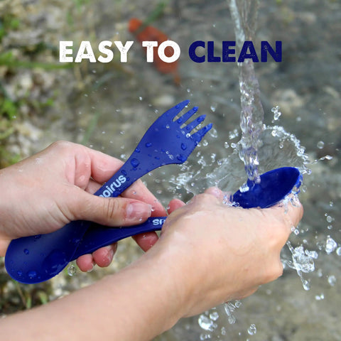 Washing Four Blue Sporks To Go Set With Carrying Case 7 Inch Durable BPA Free 3 In 1 Camping Utensil Kit Spoon Fork And Serrated Knife