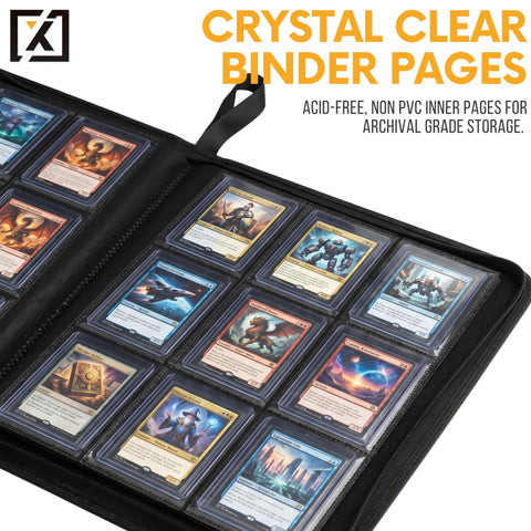 Open view of Top Load Card Binder For TCGs And Sports Cards, Holds 252 Toploaders, crystal clear 9-pocket ringless pages