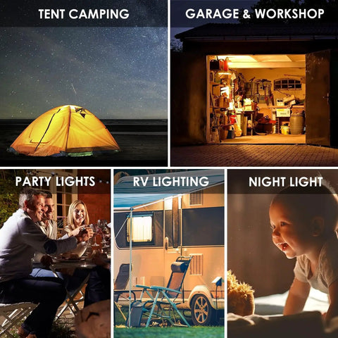 USB LED Light Bulb For Emergency Backup Lighting illuminating tent, garage, party, RV, and night scenes for versatile use