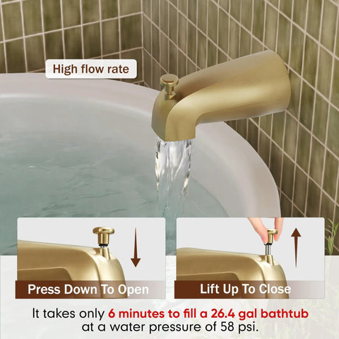 Fresh Gold Tub And Shower Faucet Fixture Set Featuring Dope Six Inch Rain Shower Head Plus Top Shelf Solid Brass Valves For Slick Bathroom Upgrades And Easy DIY Installations with high flow rate spout in use.