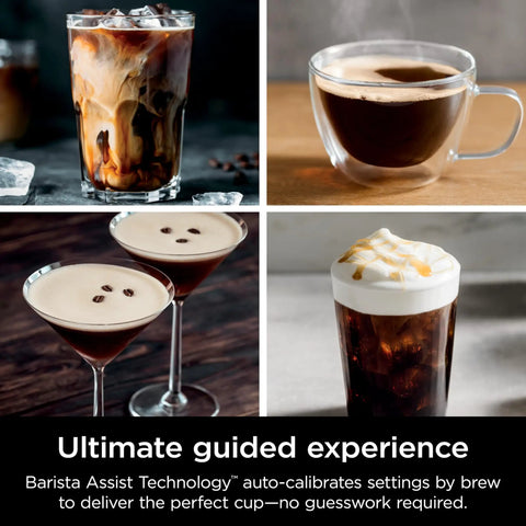 Various coffee beverages made with R-ES601 Luxe Café Premier Series 3-In-1 Espresso Machine For Espresso, Drip Coffee, And Cold Brew.