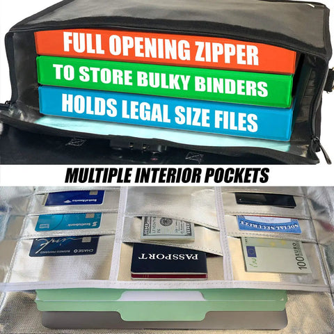 Open XXL Boss Level Fireproof And Waterproof Document Bag with TSA Lock showing full opening zipper and interior pockets