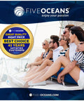Group of people sitting on boat deck with Five Oceans logo and award badge for great quality, right price, best choice.