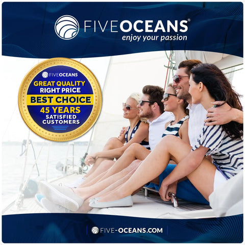 Group of people sitting on boat deck with Five Oceans logo and award badge for great quality, right price, best choice.
