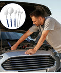 Five Piece Telescoping Inspection Mirror Set With Flexible Stainless Steel Handles Extendable Long Reach And 360 Degree Rotation Perfect For Auto Repair Vehicle Inspection And Reaching Tight Spots shown with mechanic using a car engine.