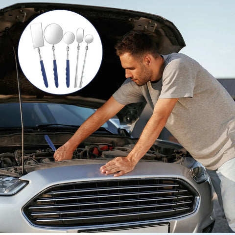 Five Piece Telescoping Inspection Mirror Set With Flexible Stainless Steel Handles Extendable Long Reach And 360 Degree Rotation Perfect For Auto Repair Vehicle Inspection And Reaching Tight Spots shown with mechanic using a car engine.