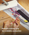 Hands connecting Solid As A Rock Tan And Red Wire Connectors For Twenty Two To Eight Gauge Cables to copper wires for secure pigtail hookups.