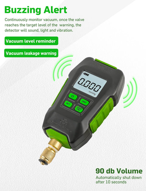 Handheld digital micron vacuum gauge, 1/4 in SAE, black with green accents, HVAC pressure tester with LCD display