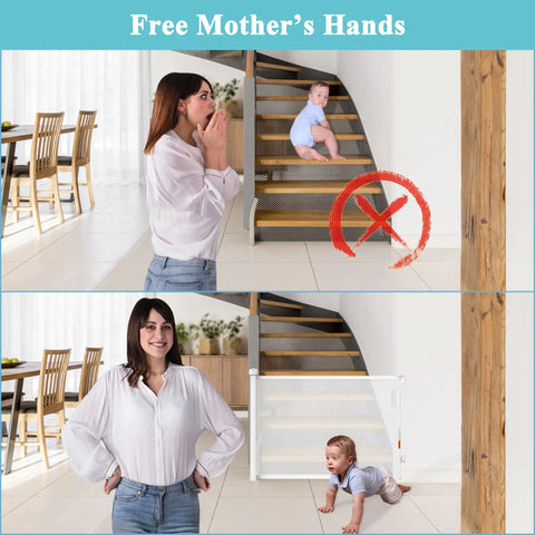 Retractable Baby Gate For Stairs And Doorways, Extends Up To 51 Inches, blocking staircase from crawling baby, with auto close, white.