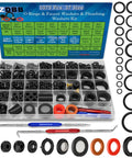 3-In-1 Spigot Repair Washers Kit With Hose Gasket And Faucet O-Rings No More Leaks For Kitchen Faucet Outdoor Hose Bib Water Spigot Seal Repair 1075 Pcs Plumbing Rubber Washers Assortment Set with tools displayed in compartments.