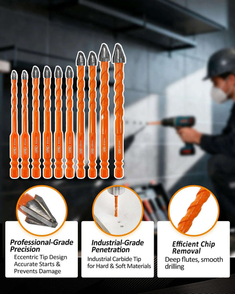 BGTEC 10-piece masonry drill bit set with orange carbide tips, sizes 3/16 to 1/2 inch, for concrete/brick.