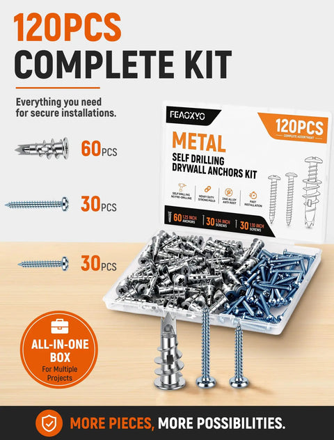 Heavy Duty Metal Self Drilling Drywall Anchors Featuring Dual Sized Screws deliver premium zinc alloy sheetrock fasteners in 120pc kit.