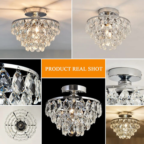 Crystal Chandelier Ceiling Light Semi Flush Mount With E26 Base In Silver Chrome Finish Dope Sparkling Crystal Fixture